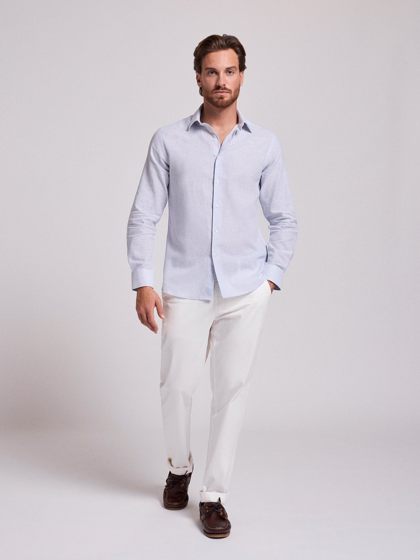 Camisa Linho Azul Manga Comprida Slim Fit Mr. Blue